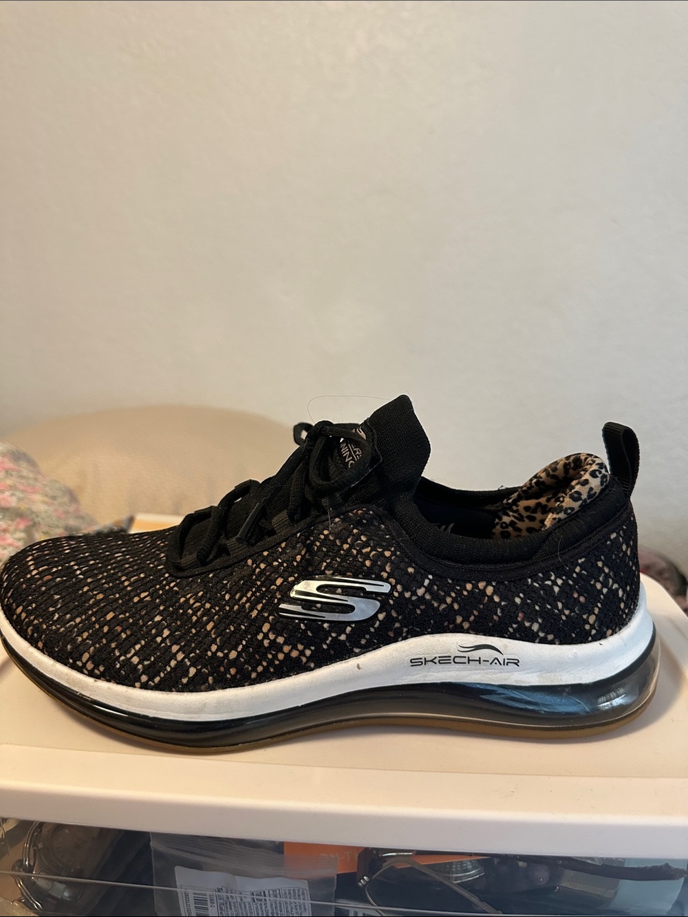 Skechers Women's Black Knit Skech-Air Slip-On Sneaker with Leopard Lining